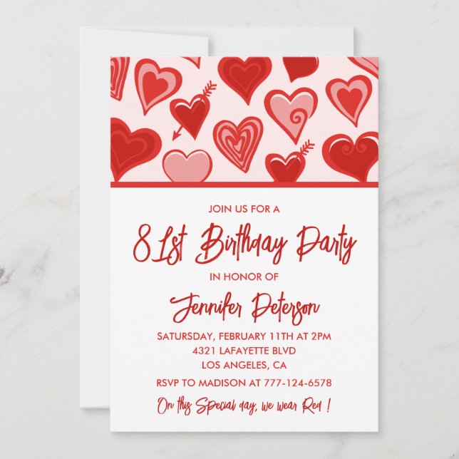 Invitación Cute Pink Red Hearts Pattern cumpleaños 81 (Anverso)