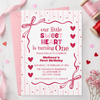 Invitación Cute Pink Red Little Sweetheart First Birthday 