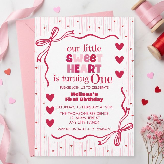 Invitación Cute Pink Red Little Sweetheart First Birthday  (Subido por el creador)