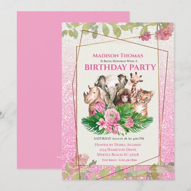 Invitación Cute Pink Safari Jungle Animales de cumpleaños (Anverso / Reverso)