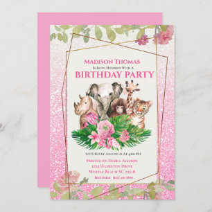 Invitación Cute Pink Safari Jungle Animales de cumpleaños