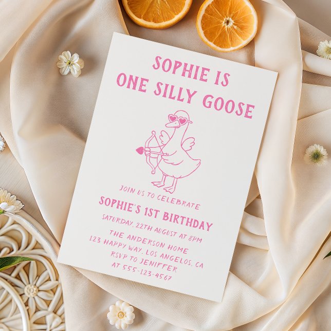 Invitación Cute Pink Silly Goose 1st Birthday (Subido por el creador)