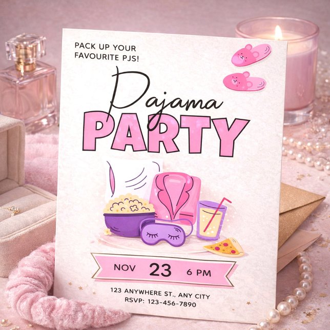 Invitación Cute Pink Sleepover for Girls Pajama Party (Cute Pink Sleepover for Girls Pajama Party Invitation, Slumber Party Invite)