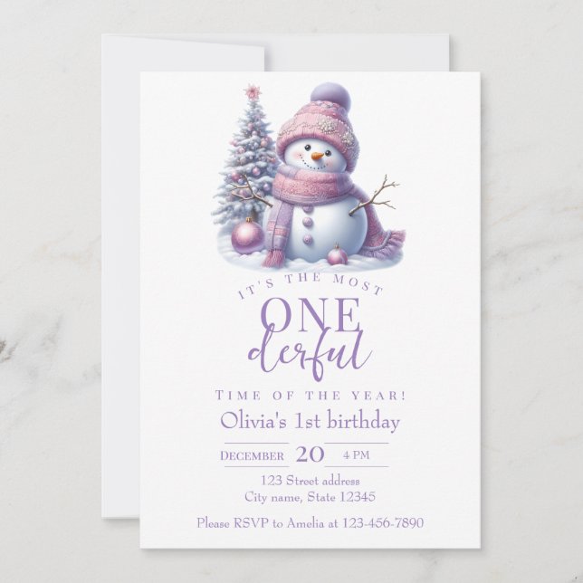Invitación Cute Pink Snowman Winter Birthday Invitation (Anverso)