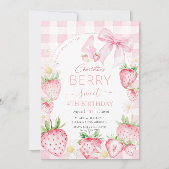 Invitación Cute Pink Strawberries Berry Sweet 4º cumpleaños (Anverso)