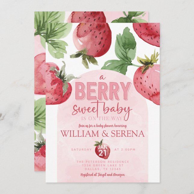 Invitación Cute Pink Strawberry Berry Sweet Baby Shower (Anverso / Reverso)