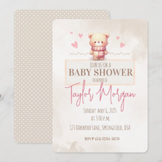 Invitación Cute Pink Teddy Bear Baby Shower