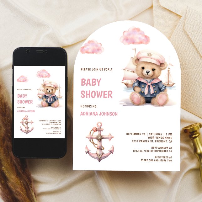 Invitación Cute Pink Teddy Bear Nautical Girl Baby Shower (Subido por el creador)
