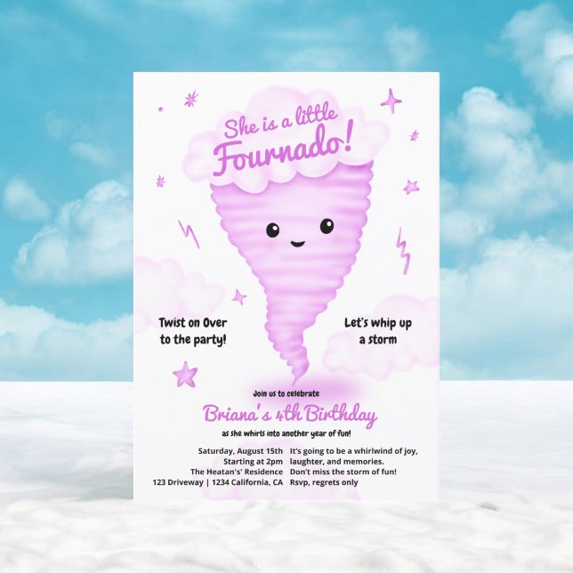Invitación Cute Pink Tornado Tema 4 de cumpleaños fiesta de n (Cute Pink Tornado Themed 4th Birthday Kids party Invitation)