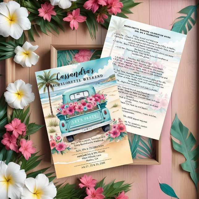 Invitación Cute Pink Turquoise Floral Van Beach Bachelorette (Cute Pink & Turquoise Floral Van in Beach Bachelorette Weekend Invitations Cards and Plans.)