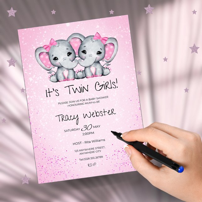 Invitación Cute, Pink Twin Baby Elephants Baby Shower  (Subido por el creador)