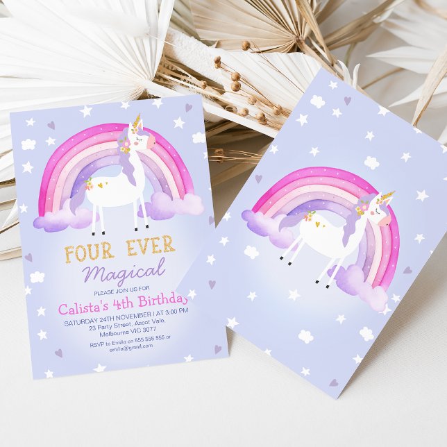 Invitación Cute Pink Unicorn Cuatro Años Magicos (Four Ever Magical 4th Birthday Invitation Template Purple, Rainbow Unicorn 4th Birthday Invitation )