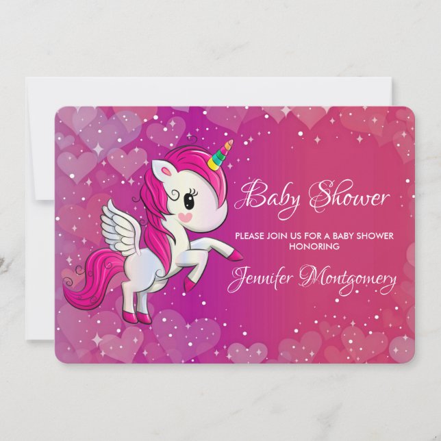 Invitación Cute Pink Unicornio con Alas Fiesta de Bebé (Anverso)
