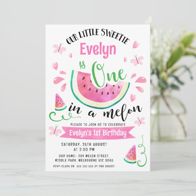 Invitación Cute Pink Watermelon One In A Melon 1er cumpleaños (Anverso de pie)