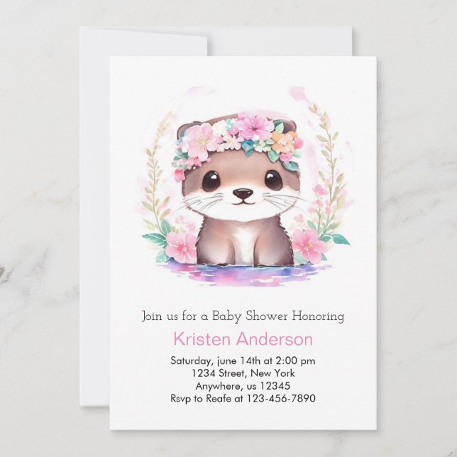 Invitación Cute Pink Wildflower Otter Magic Chica Baby Shower (Anverso)