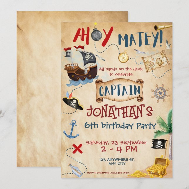 Invitación Cute Pirate Birthday Parchment acuarela (Anverso / Reverso)