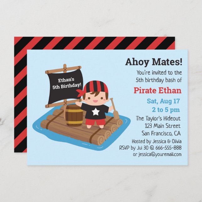 Invitación Cute Pirate Boy Boat Raft Kids Fiesta de cumpleaño (Anverso / Reverso)