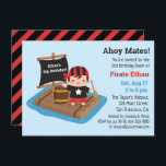 Invitación Cute Pirate Boy Boat Raft Kids Fiesta de cumpleaño<br><div class="desc">Una tierna invitación pirata en la que aparece un niño vestido de equipo pirata con bandana roja y negra y sosteniendo un remo. Está en una balsa de madera con un barril y una vela negra. Personaliza fácilmente con tus datos de fiesta y usa un divertido lenguaje pirata como ahoy...</div>