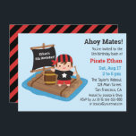 Invitación Cute Pirate Boy Boat Raft Kids Fiesta de cumpleaño<br><div class="desc">Una tierna invitación pirata en la que aparece un niño vestido de equipo pirata con bandana roja y negra y sosteniendo un remo. Está en una balsa de madera con un barril y una vela negra. Personaliza fácilmente con tus datos de fiesta y usa un divertido lenguaje pirata como ahoy...</div>