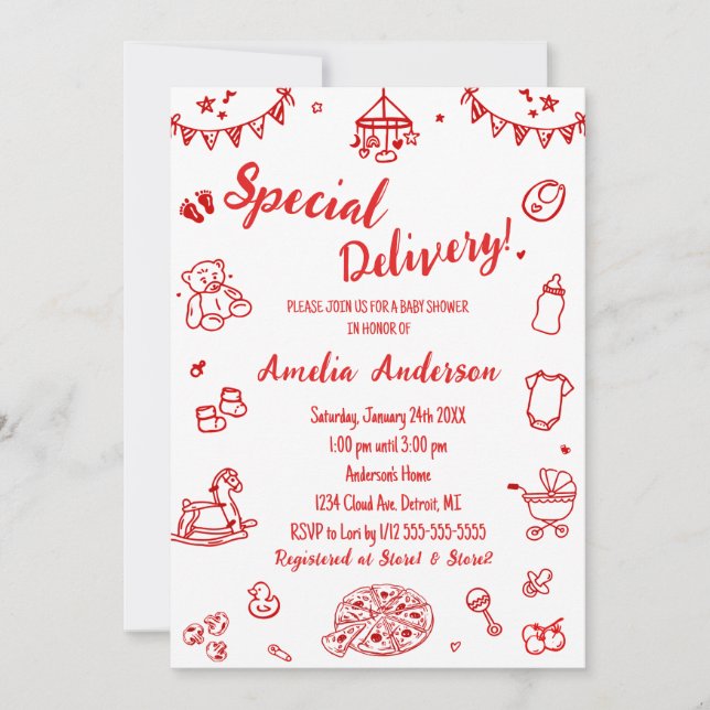 Invitación Cute Pizza Special Delivery Doodle Baby Shower (Anverso)