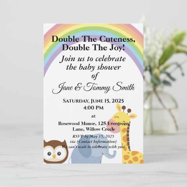 Invitación Cute & Playful Animal Rainbow Baby Shower  (Anverso de pie)