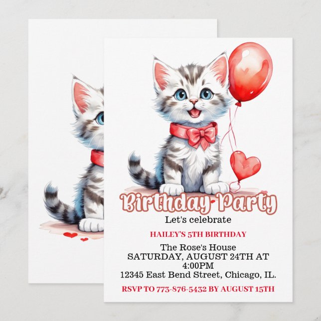 Invitación Cute Playful Kitty Cat Birday Party (Anverso / Reverso)