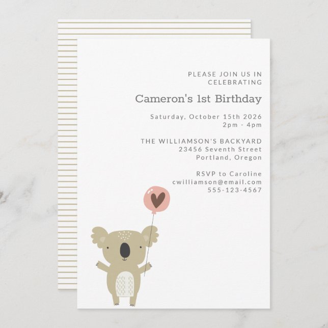 Invitación Cute Playful Koala Sencillo Primer Cumpleaños (Anverso / Reverso)