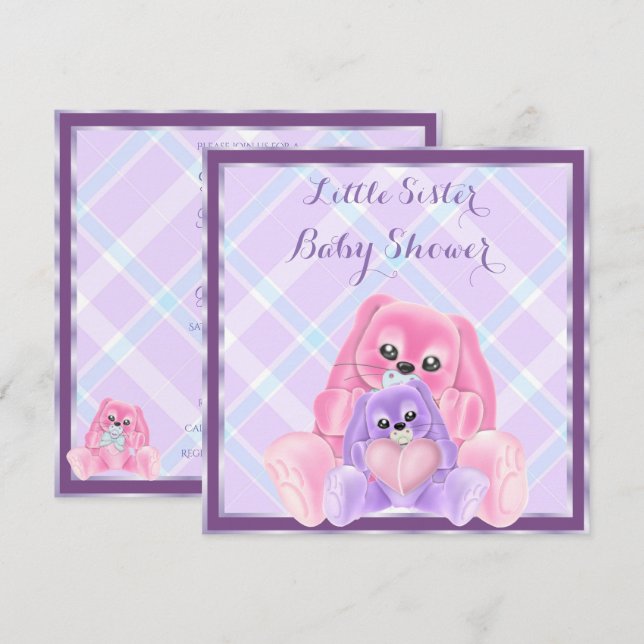 Invitación Cute plushie Pequeña Hermana Baby Shower (Anverso / Reverso)