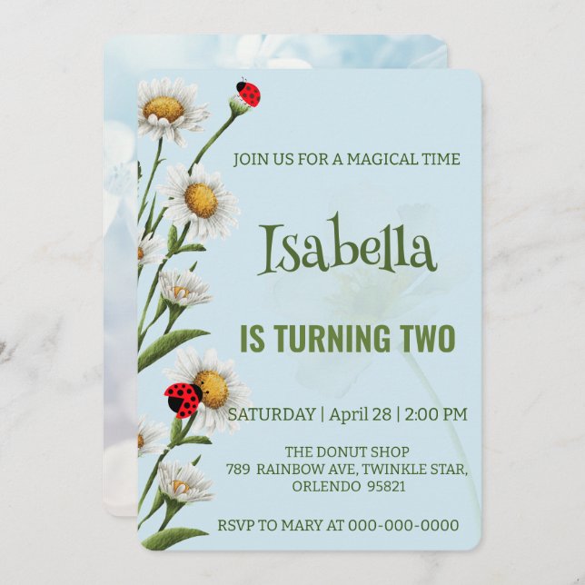 Invitación Cute Polka dot Ladybug Blue Daisy Kids Cumpleaños (Anverso / Reverso)
