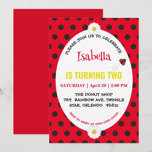Invitación Cute Polka dot Ladybug Daisy Kids Birthday Partry (Anverso / Reverso)