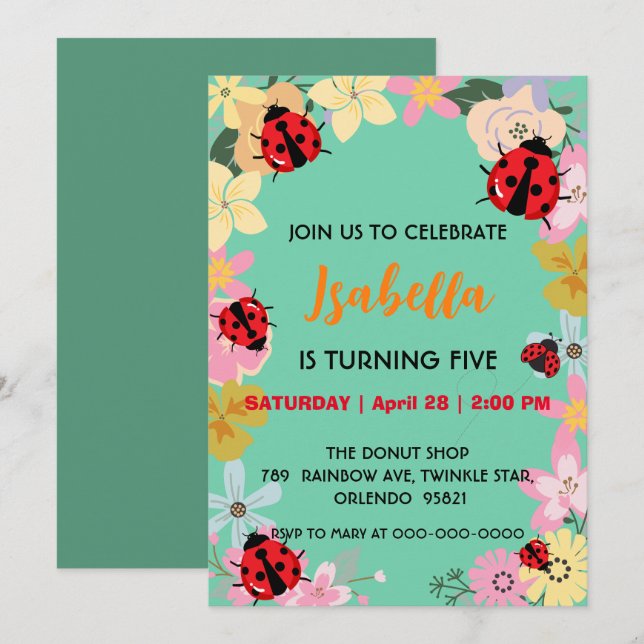 Invitación Cute Polka dot Ladybug Daisy Sprin Flower Birday (Anverso / Reverso)