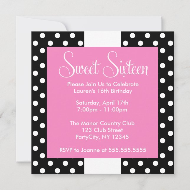 Invitación Cute Polka Dots Dulce Dieciséis Cumpleaños (Anverso)