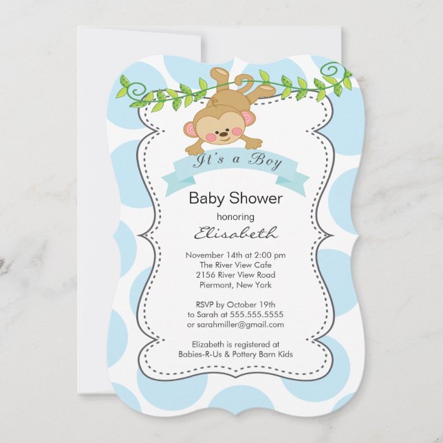 Invitación Cute Polka Dots & Monkey boy Baby Shower (Anverso)