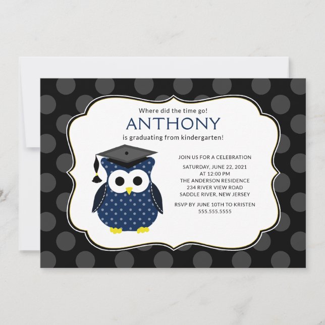 Invitación Cute Polka pega Graduación del niño Grad Owl (Anverso)