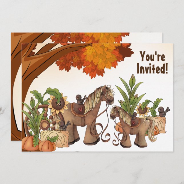 Invitación Cute Ponies Autumn Horse Baby Shower (Anverso / Reverso)