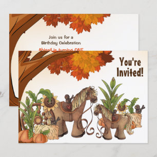 Invitación Cute Ponies Caballo de Otoño Primer Fiesta de Cump
