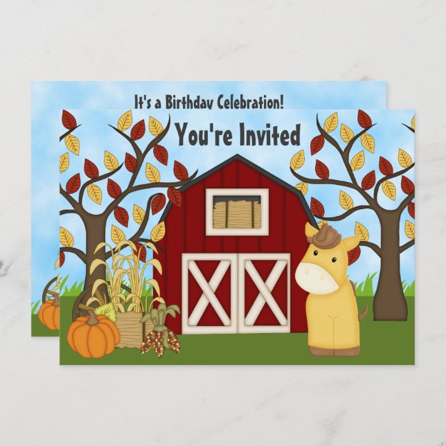 Invitación Cute Pony y Red Barn Horse de otoño cumpleaños (Anverso / Reverso)