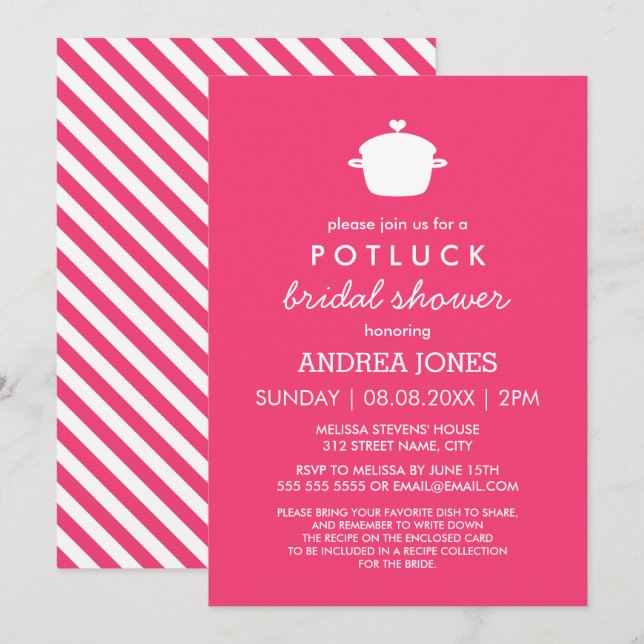 Invitación Cute Potluck Bridal Shower | Blanco rosa caliente (Anverso / Reverso)