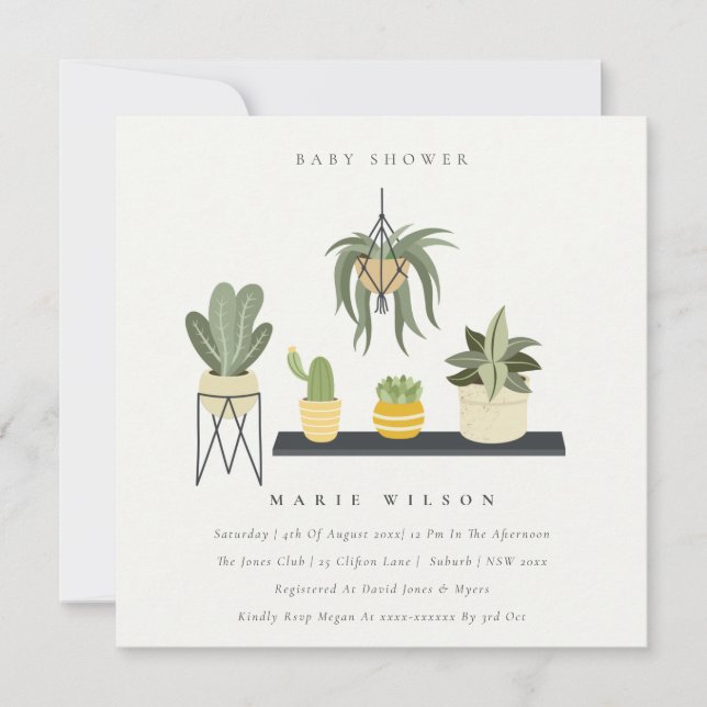 Invitación Cute Potted Leafy Succulent Plants Baby Shower (Anverso)