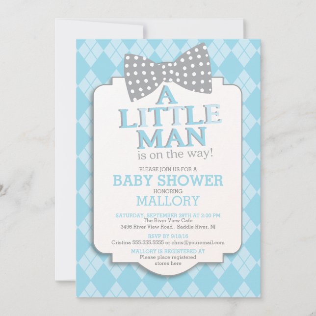 Invitación Cute Preppy Bow Tie Argyle Little Man Baby Shower (Anverso)