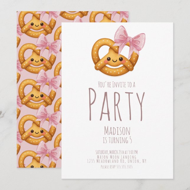 Invitación Cute Pretzel Girl Birthday Party (Anverso / Reverso)