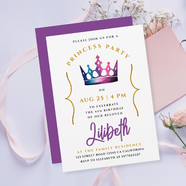Invitación Cute Princesa Crown Tiara Morado acuarela (Subido por el creador)