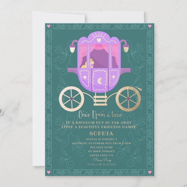 Invitación Cute Princess Car Fairytale Fiesta de Cumpleaños (Anverso)