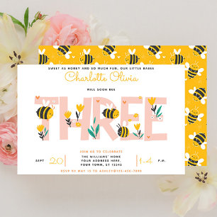 Invitación Cute pronto será tres Chicas Floral tres cumpleaño