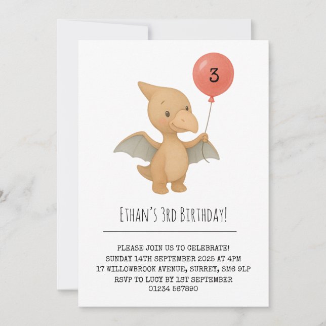 Invitación Cute Pterodactyl Holding Balloon Birday (Anverso)
