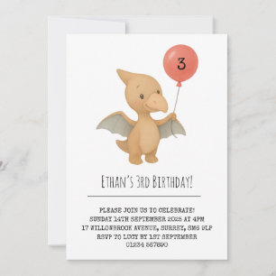 Invitación Cute Pterodactyl Holding Balloon Birday