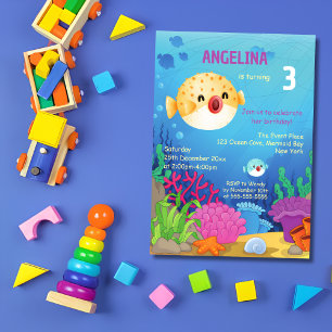 Invitación Cute Puffer Fish Blue Ocean Birday