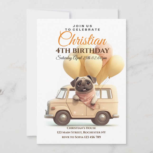 Invitación Cute pug Balloons Camión fiesta de cumpleaños Masc (Anverso)