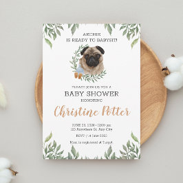 Invitación Cute Pug Dog Puppy Greenery Boy Baby Shower