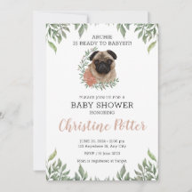 Cute Pug Dog Puppy Greenery Boy Baby Shower Invita
